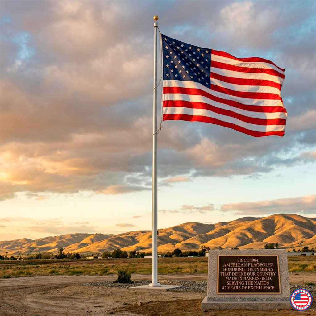 Bandera de EE. UU. en asta de servicio pesado frente a un monumento conmemorativo por American Flagpoles Inc.