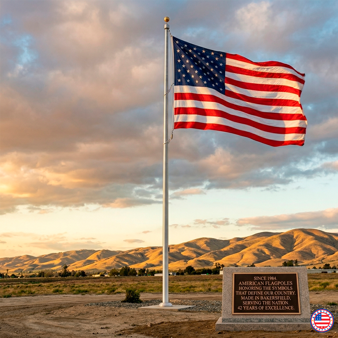 Bandera de EE. UU. en asta de servicio pesado frente a un monumento conmemorativo por American Flagpoles Inc.